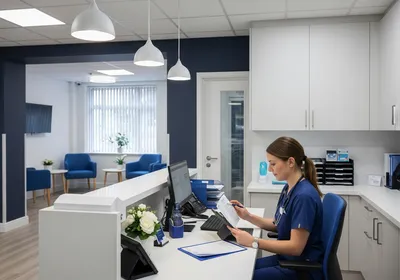 Clinician reviewing documents in a healthcare office